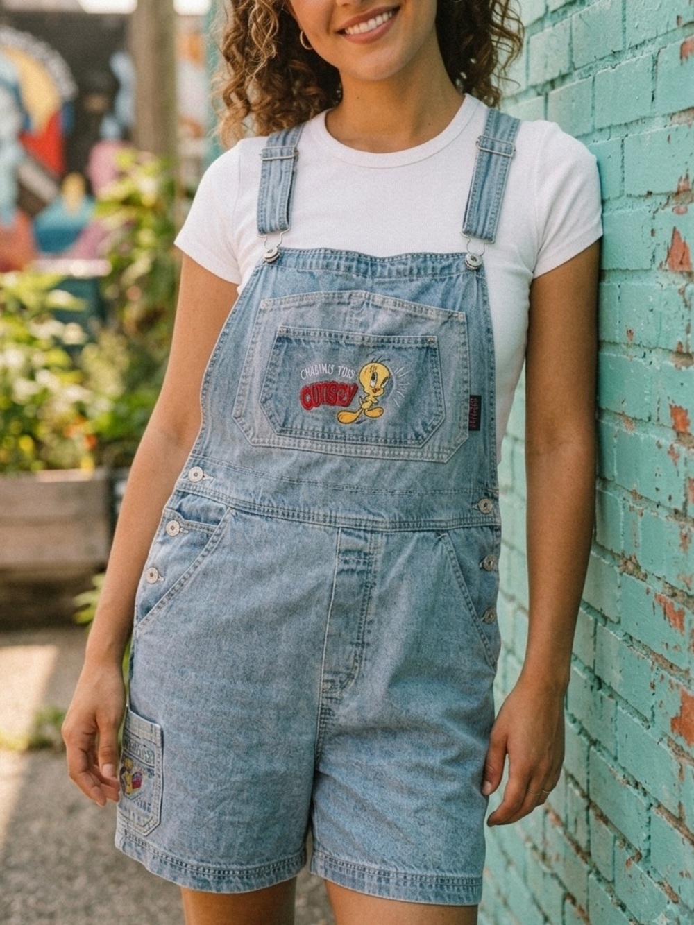 Y2K Looney Tunes Tweety Bird Calling All Cuties Denim Overall Shorts Size Medium